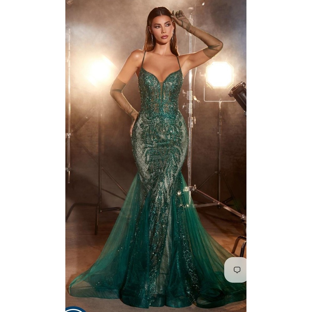 Ladivine Sequin Mermaid Gown Womens 6 Emerald Green Excellent Corset Back Prom